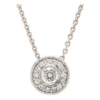 Round .40ctw Diamond Halo Pendant Necklace, 14k White Gold, Length 16.5 In For Sale