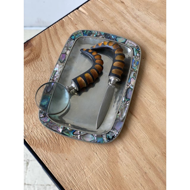 Vintage Carved Horn and Chrome Letter Opener + Magnifying Glass Desk Set, Circa 1950s. Dark curved bone handles with...