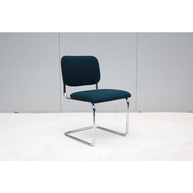 Mid-Century Modern Bauhaus Marcel Breuer Cesca Upholstered Side Chair in Blue Fabric by Gordon For Sale - Image 3 of 18