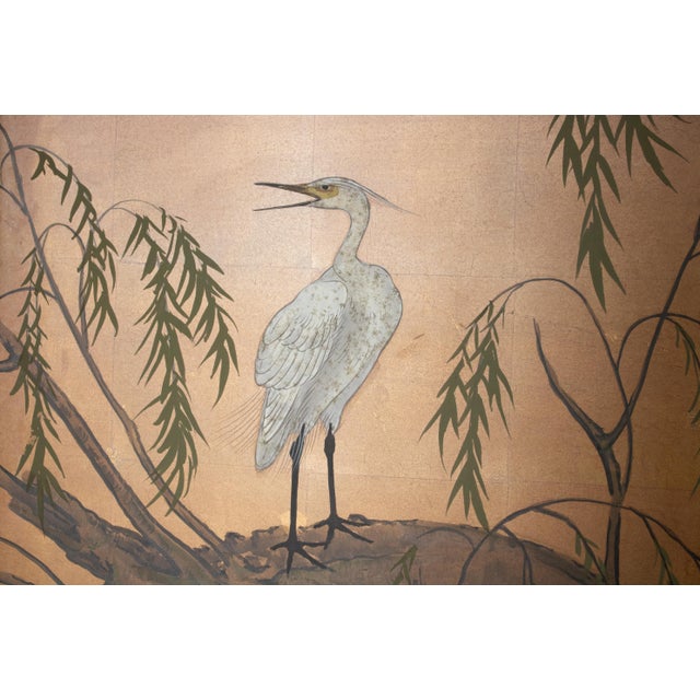 "Willow and White Herons" by Yukiga, 1970s Showa Era Japanese Painted Byobu Screen For Sale - Image 9 of 18