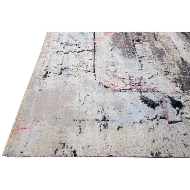 Gray Modern Indian Handmade Gray Abstract Wool and Silk Rug For Sale - Image 8 of 10