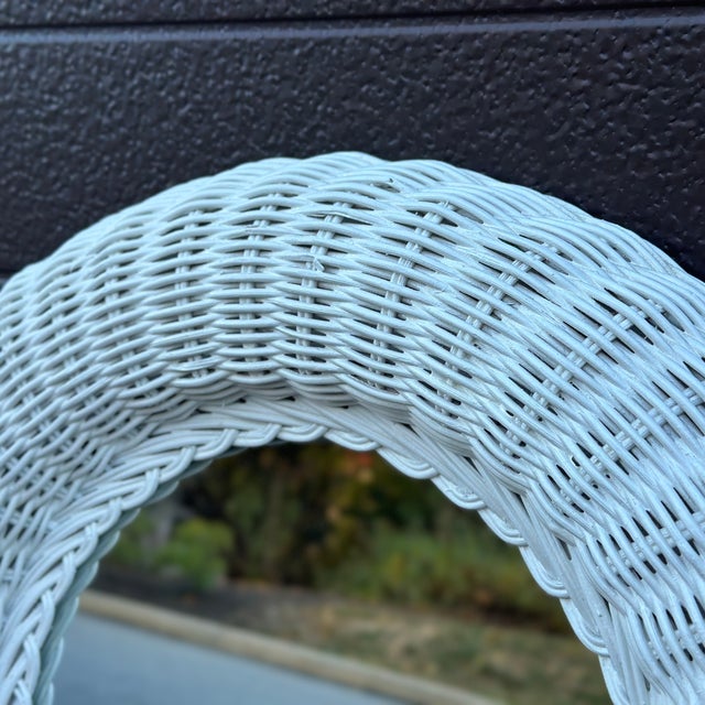 Vintage Petite White Painted Woven Wicker Rattan Framed Oval Mirror For Sale - Image 4 of 11