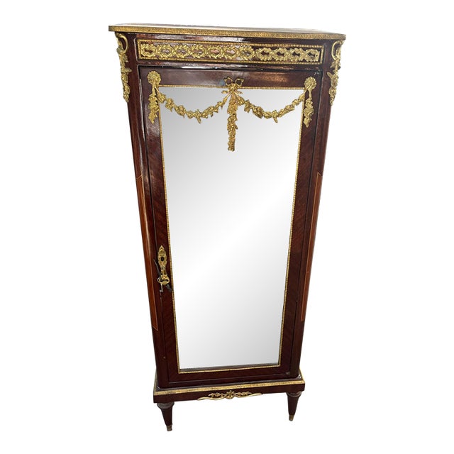 Grand French-Style Display Vitrine – Rich Wood Finish, Mirrored Interior, Glass Shelves & Ornate Gold Leaf Details For Sale