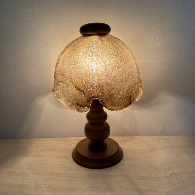 Vintage Brutalist Glass Table Lamp with Oak Wooden Base, 1970s For Sale - Image 13 of 18