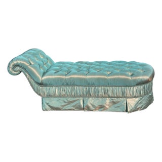 Hollywood Regency Turquoise Satin Tufted Chaise Lounge - Joanna Carson Estate For Sale
