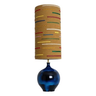 Cobalt Blue Ceramic Floor or Table Lamp with Silk Lampshade attributed to R. Houben, 1970s For Sale