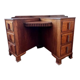 1930s Oak Desk Vanity, Art Deco Corner Piece Furniture Featuring Sterling Silver Handles Make Up Table Triangular For Sale