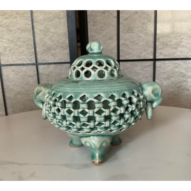Korean Blue Celadon Style Lattice Design Incense Burner For Sale - Image 4 of 6