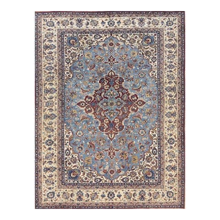 1940s Classic Blue Ground Medallion Vintage Isfahan Silk Foundation Carpet Rug For Sale
