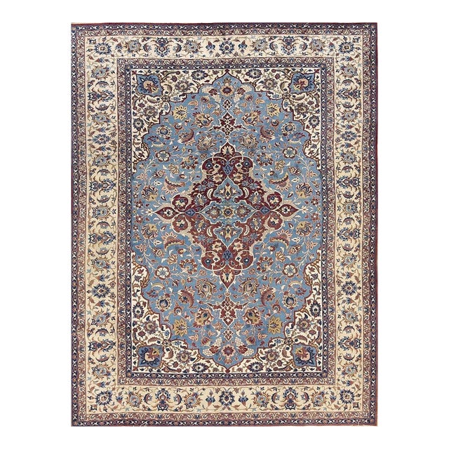 1940s Classic Blue Ground Medallion Vintage Isfahan Silk Foundation Carpet Rug For Sale