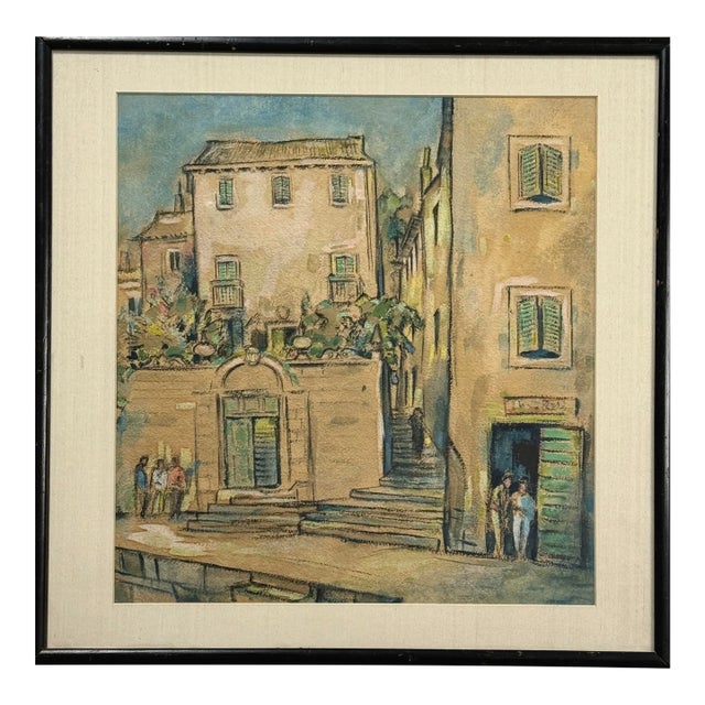 Vintage Post Impressionist Italian Village Cityscape (Watercolor on Paper) For Sale