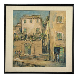 Vintage Post Impressionist Italian Village Cityscape (Watercolor on Paper)
