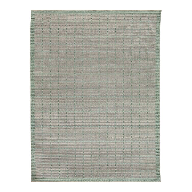 Modern Hand Loom Wool Rug in Gray and Green With Geometric Design For Sale