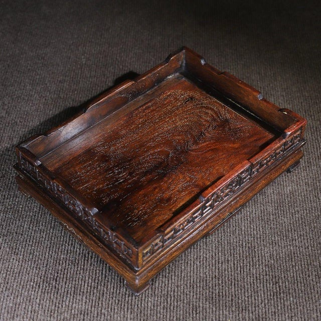 This is a substantial, finely crafted vintage wooden tray, made from rosewood (huali wood) with a rich, dark reddish-brown...