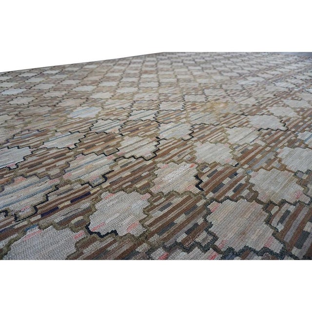 Textile 1900s Antique American Brown Room Size Geometric Lattice Folk Art Hooked Rug For Sale - Image 7 of 9