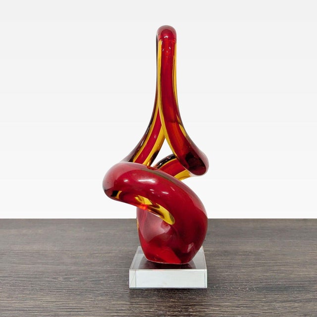 Modern Abstract Red and Amber Glass Sculpture on Clear Base For Sale - Image 4 of 7
