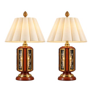 Mid 20th Century Hollywood Regency Wood, Brass & Etched Glass Lantern Table Lamps - Pair For Sale