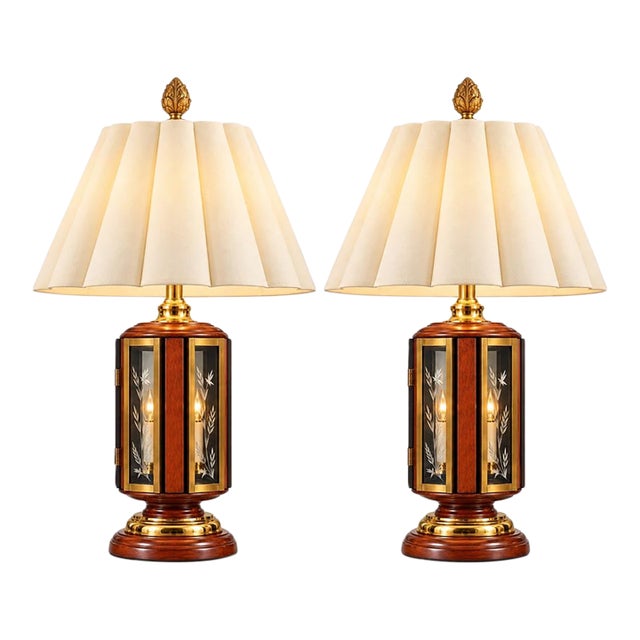 Mid 20th Century Hollywood Regency Wood, Brass & Etched Glass Lantern Table Lamps - Pair For Sale