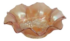 Dugan Golden Grape Style Marigold Carnival Glass Ruffled Candy Dish Bowlb