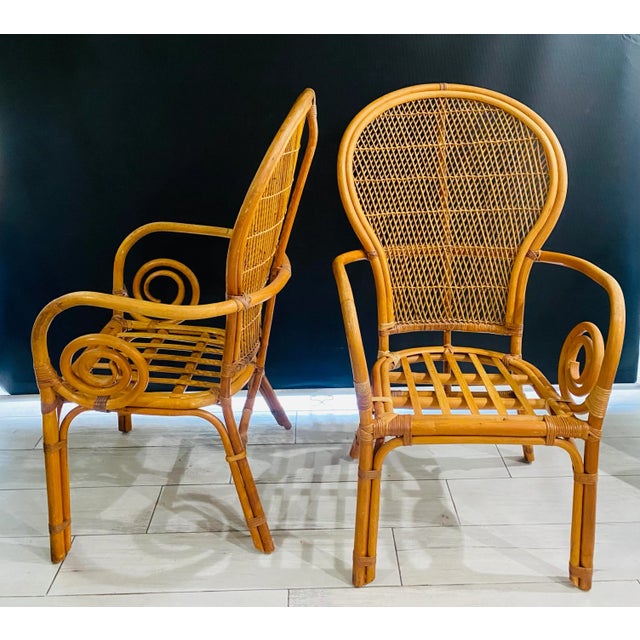 Set of 2 Bamboo Rattan Peacock Dining Armchairs, Circa 1980s For Sale - Image 10 of 11
