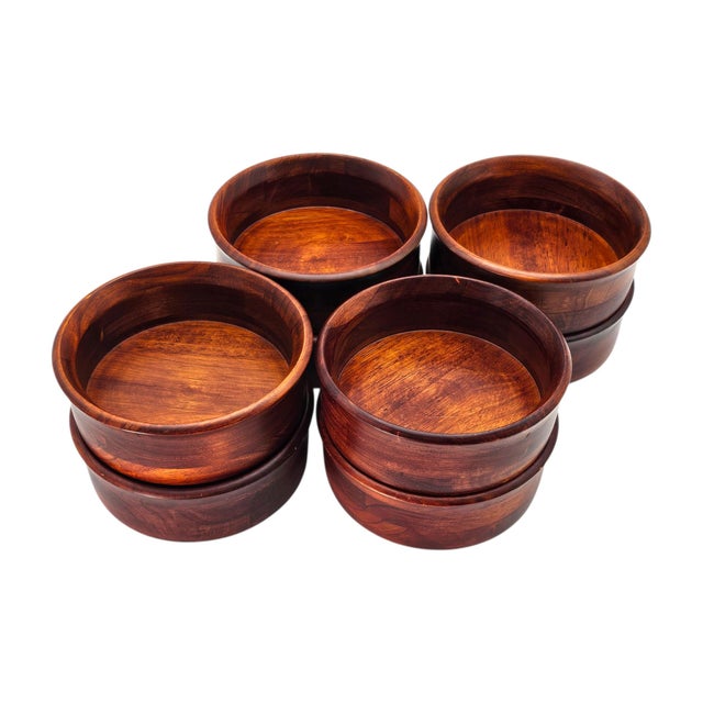 Late 20th Century Mid-Century Hand Turned Solid Cherry Wood Bowl Set — Eight 7" Serving Bowls For Sale - Image 5 of 13