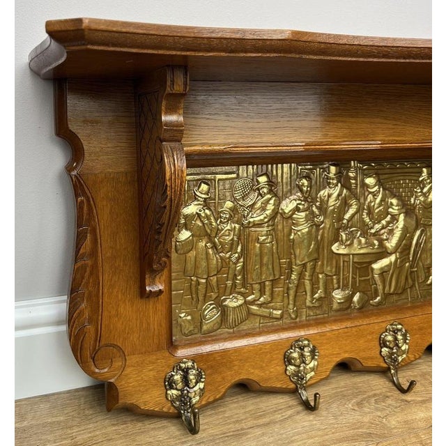 Brown Vintage French Oak 7-Hook Coat Rack with Brass Panel For Sale - Image 8 of 10