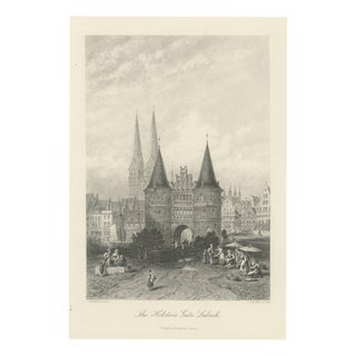 Antique Steel Engraving of The Holstein Gate in Lubeck after Carl Werner, 1885 For Sale