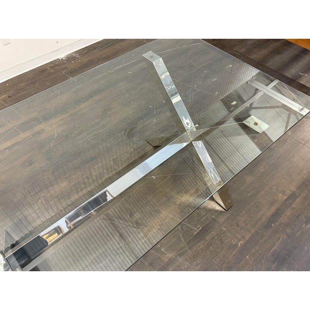 Postmodern Chrome X-Base Dining Table With Tempered Glass Top For Sale - Image 3 of 12
