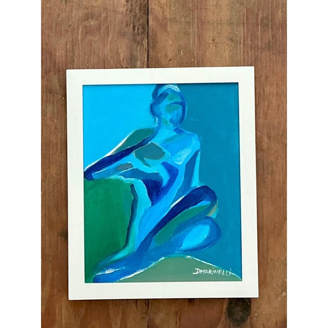 Vintage Figurative Blue Acrylic Oil in Canvas For Sale - Image 4 of 12