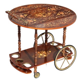 Italian Tea Cart – Mid-Century Sorrento-Style Marquetry Inlaid Wood & Brass Rolling Bar Cart – Made in Italy For Sale