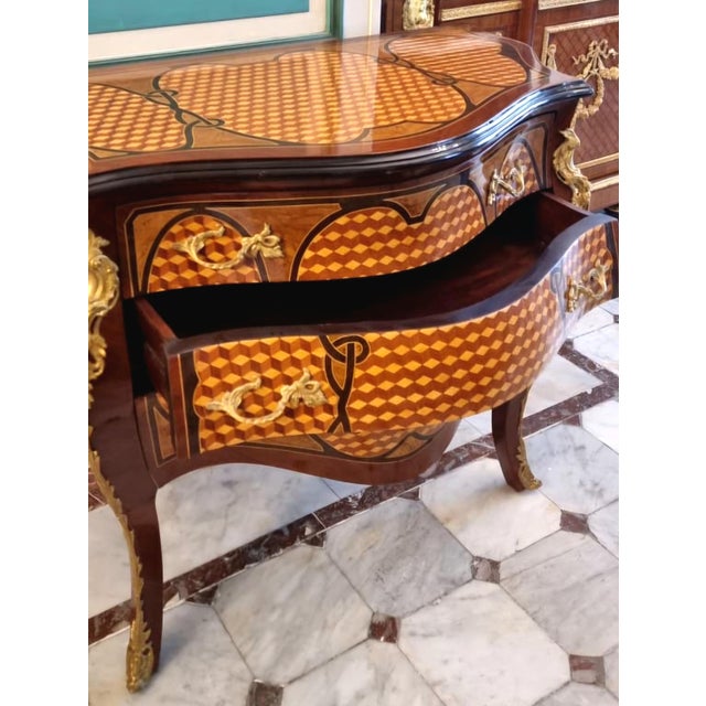 Rococo French Rococo Bombe Commode – Rich Wood Marquetry, Gilded Bronze Details & Sculptural Curved Design For Sale - Image 3 of 3