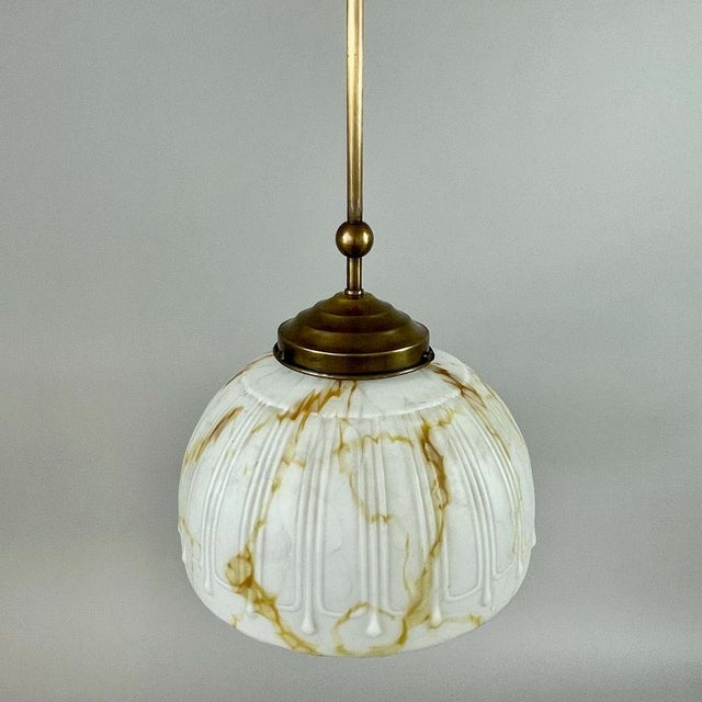 Art Deco Marbled Opaline Glass and Brass Pendant Light, Germany, 1930s For Sale - Image 11 of 18