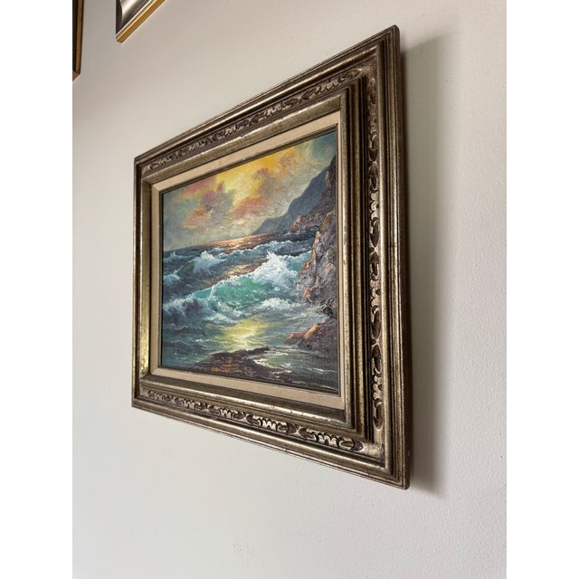 1970’s Vintage S. Sherman Impressionist Sunset Ocean Landscape Oil on Canvas Painting For Sale - Image 4 of 10