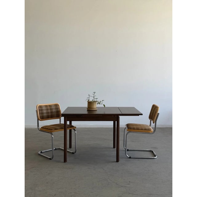 W35.75(no leaves) W59.75(with leaves) D35.75 H29 LeafW12 KneeC24.25 Vintage fully restored danish dining table with two...