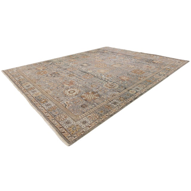 Modern Tabriz Style Wool Rug – Hand-Knotted Transition in Gray, Ochre & Taupe For Sale - Image 4 of 11