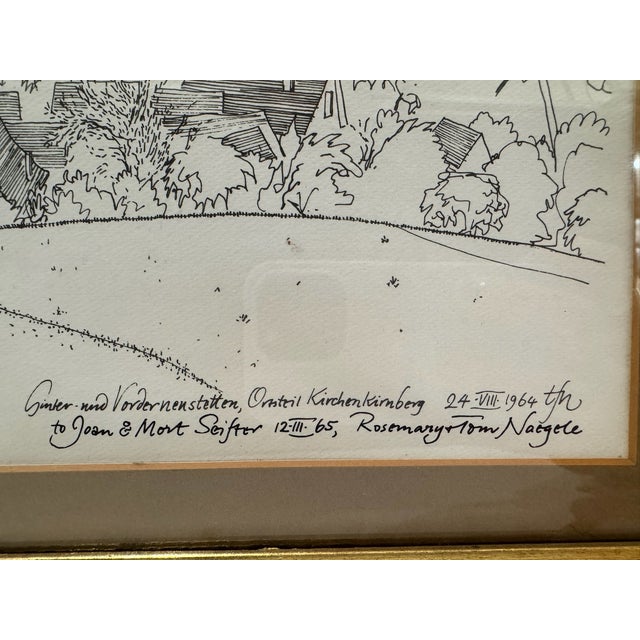 Rosemary & Thomas Naegele German Pen and Ink Landscape Drawing 1964 Framed Inscribed For Sale - Image 4 of 8