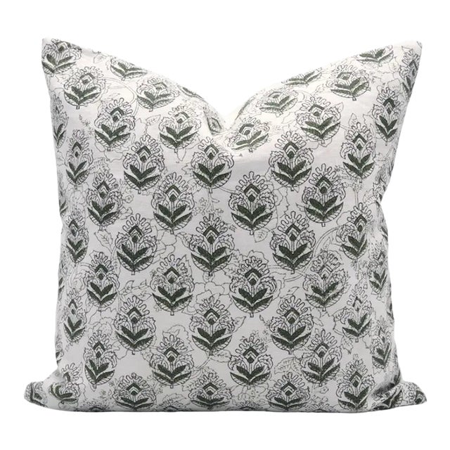 Fabdivine Handmade Block Printed Cushion Cover 14x36 Inch Pure White Linen- Betal Leaf For Sale