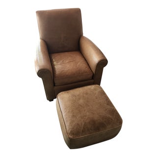 Crate & Barrel Distressed Caramel Leather Chair and Ottoman For Sale