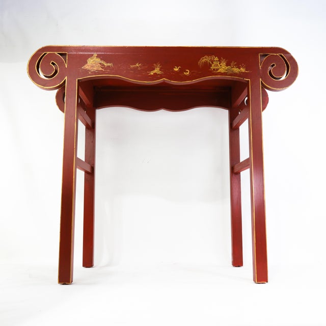 Vintage Chinese Red Lacquer Console Table With Gilt Landscape Scenery and Scroll Ends For Sale - Image 16 of 18