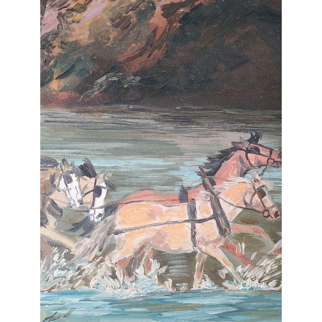 Vintage 1960s Americana Folk Art Oil Painting Wild West Stagecoach & Horses For Sale In Los Angeles - Image 6 of 16
