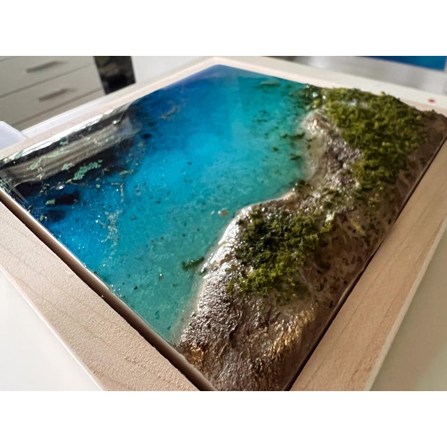 Abstract Flying Over the Ocean #10 by Ana Hefco | Layered tinted resin & Mixed Media on wood panel aerial view of ocean and shore For Sale - Image 3 of 5
