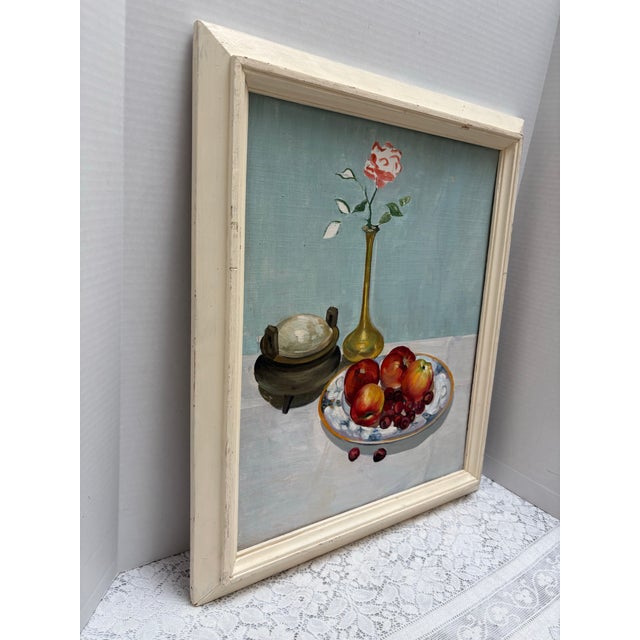 Elegant vintage Midcentury original framed still life painting of a vase with a flower and a plate of fruit with cherries...