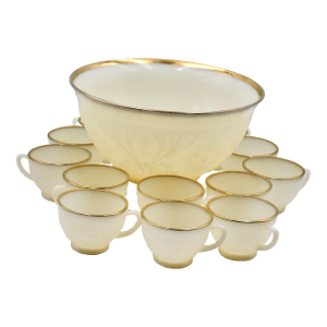 1940s Anchor Hocking 22k Gold Trim Ivory Sandwich Anchorglass Punch Bowl Milk Glass - 14 Pieces