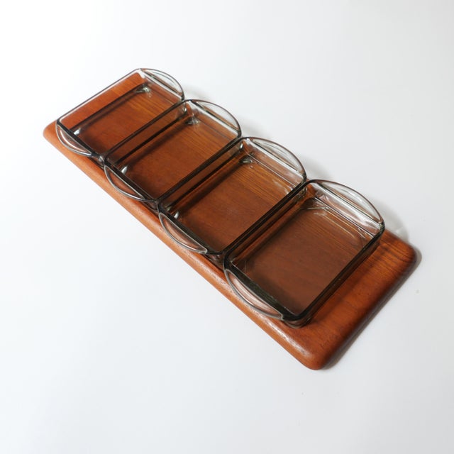 Scandinavian Teak Appetizer Tray and Glass Dishes, 1960s, Set of 5 For Sale - Image 6 of 14