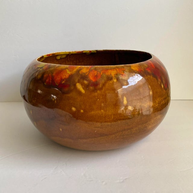 California Pottery Frank Moreno Usa Pottery XL Large Planter Brown Yellow Red Drip Glaze Signed Mid Century Modern 1960s For Sale - Image 4 of 11