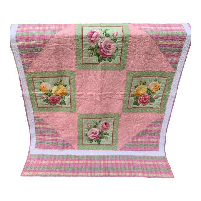Vintage 1990’s Floral Patchwork Quilt Pink Green Yellow Roses Reversible to Pink Multi Seersucker Motifs 68” X 53” Twin For Sale