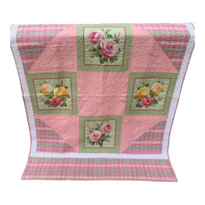 Vintage 1990’s Floral Patchwork Quilt Pink Green Yellow Roses Reversible to Pink Multi Seersucker Motifs 68” X 53” Twin