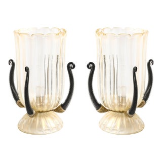 Pair of Mid-Century Hand-Blown Murano Fluted Glass Uplights W/ 24k Gold Flecks For Sale