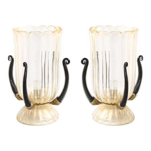 Pair of Mid-Century Hand-Blown Murano Fluted Glass Uplights W/ 24k Gold Flecks For Sale