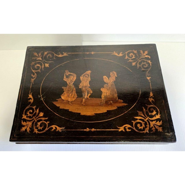 Wood Sorrento Marquetry Box with a Medallion Scene of Three Dancers For Sale - Image 7 of 10